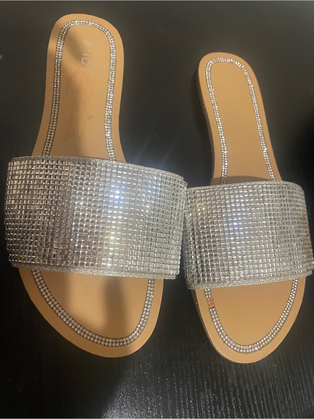 Crystal-Embellished Silver Slide Sandals - Women's